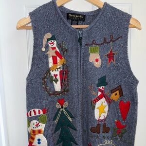 Snowmen Sweater Vest L Zip Front Blue Ugly Christmas Appliqued Theme Works Kikit